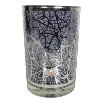 Teelicht Kerzen Glas LEONILLE mit Skelettblatt Motiv, schwarz-matt-silber-glänzend, 18cm, Ø12cm Teelicht Kerzen Glas LEONILLE mit Skelettblatt Motiv, schwarz-matt-silber-glänzend, 18cm, Ø12cm