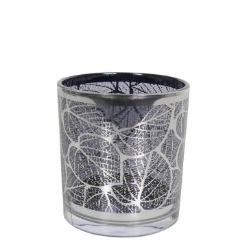 Teelicht Kerzen Glas LEONILLE mit Skelettblatt Motiv, schwarz-matt-silber-glänzend, 7cm, Ø7cm Teelicht Kerzen Glas LEONILLE mit Skelettblatt Motiv, schwarz-matt-silber-glänzend, 7cm, Ø7cm