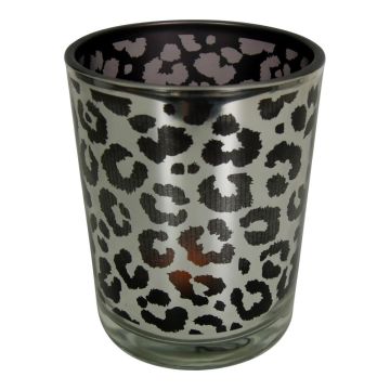 Teelicht Kerzen Glas MARZELLA mit Leoparden Muster, schwarz-matt-silber-glänzend, 18cm, Ø12cm Teelicht Kerzen Glas MARZELLA mit Leoparden Muster, schwarz-matt-silber-glänzend, 18cm, Ø12cm