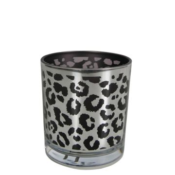 Teelicht Kerzen Glas MARZELLA mit Leoparden Muster, schwarz-matt-silber-glänzend, 8cm, Ø7,3cm Teelicht Kerzen Glas MARZELLA mit Leoparden Muster, schwarz-matt-silber-glänzend, 8cm, Ø7,3cm