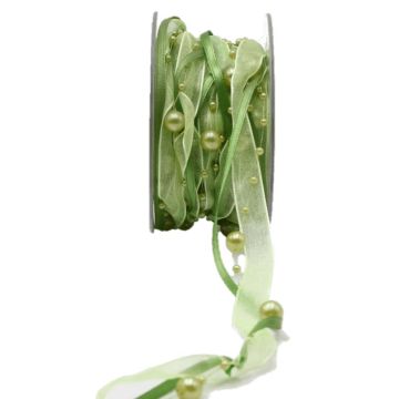 Geschenkband Perlenschnur CARESA aus Chiffon und Satin, grün, 5m, 20mm