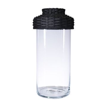 Glas Vase JINTANA mit Rattan Haube oder Fuß, klar-schwarz, 45cm, Ø18,5cm