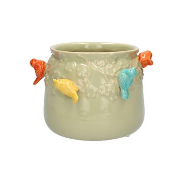 Blumentopf BIRDIE aus Keramik, mit 3D Vögeln, grün-orange-gelb-blau, 11cm, Ø13,5cm