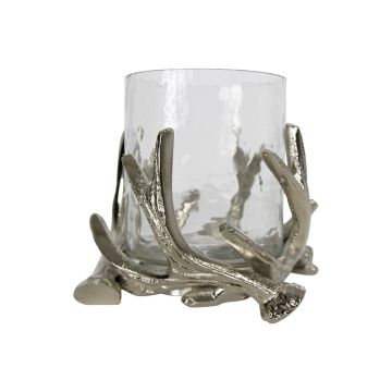 Kerzenhalter XANTIPPE aus Glas, Geweih-Metallfuß, silber-klar, 9cm, Ø14cm Kerzenhalter XANTIPPE aus Glas, Geweih-Metallfuß, silber-klar, 9cm, Ø14cm