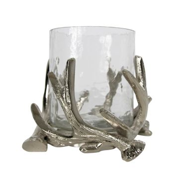 Kerzenhalter XANTIPPE aus Glas, Geweih-Metallfuß, silber-klar, 12cm, Ø16cm Kerzenhalter XANTIPPE aus Glas, Geweih-Metallfuß, silber-klar, 12cm, Ø16cm