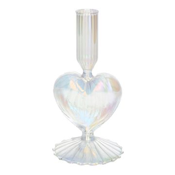 Glas Kerzenständer ELIZZA in Herzform, mit Fuß, irisierend-transparent, 8,5x8,5x16,5cm Glas Kerzenständer ELIZZA in Herzform, mit Fuß, irisierend-transparent, 8,5x8,5x16,5cm