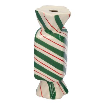 Eckige Einzelblumenvase Bonbon AMIEL aus Keramik, mit schrägen Linien, grün-rot-weiß, 4,5x4,5x11,5cm