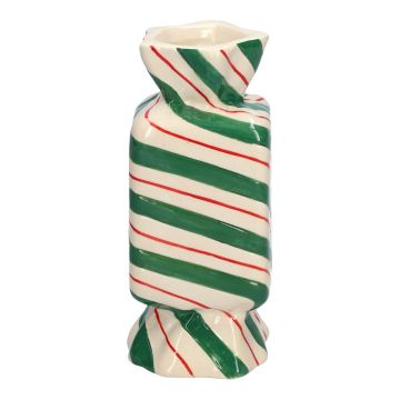 Eckige Einzelblumenvase Bonbon AMIEL aus Keramik, mit schrägen Linien, grün-rot-weiß, 6,5x6,5x15cm