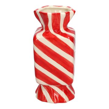 Eckige Einzelblumenvase Bonbon AMIEL aus Keramik, mit schrägen Linien, rot-weiß, 9x9x20cm