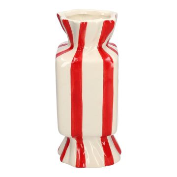 Eckige Einzelblumenvase Bonbon AMIEL aus Keramik, mit Längsstreifen, rot-weiß, 9x9x20cm