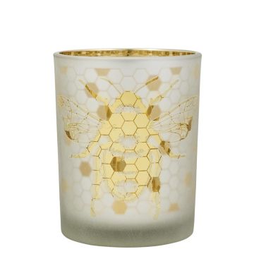 Glas Teelichthalter BRITTANI mit Bienen Motiv, weiß-matt-gold-glänzend, 12,5cm, Ø10cm Glas Teelichthalter BRITTANI mit Bienen Motiv, weiß-matt-gold-glänzend, 12,5cm, Ø10cm
