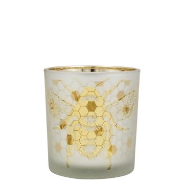 Glas Teelichthalter BRITTANI mit Bienen Motiv, weiß-matt-gold-glänzend, 8cm, Ø7cm Glas Teelichthalter BRITTANI mit Bienen Motiv, weiß-matt-gold-glänzend, 8cm, Ø7cm