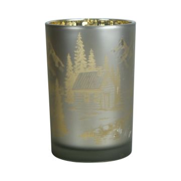 Glas Teelichthalter EDELTRAUD mit Chalet Motiv, silber-matt-gold-glänzend, 18cm, Ø12cm Glas Teelichthalter EDELTRAUD mit Chalet Motiv, silber-matt-gold-glänzend, 18cm, Ø12cm
