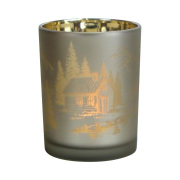 Glas Teelichthalter EDELTRAUD mit Chalet Motiv, silber-matt-gold-glänzend, 12,5cm, Ø10cm Glas Teelichthalter EDELTRAUD mit Chalet Motiv, silber-matt-gold-glänzend, 12,5cm, Ø10cm