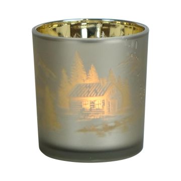 Glas Teelichthalter EDELTRAUD mit Chalet Motiv, silber-matt-gold-glänzend, 8cm, Ø7,5cm