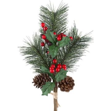 Deko Tanne Ilex Bund TULVA, Beeren, Zapfen, rot, 35cm