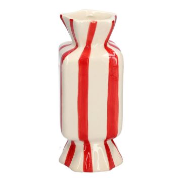 Eckige Einzelblumenvase Bonbon AMIEL aus Keramik, mit Längsstreifen, rot-weiß, 10x10x25cm