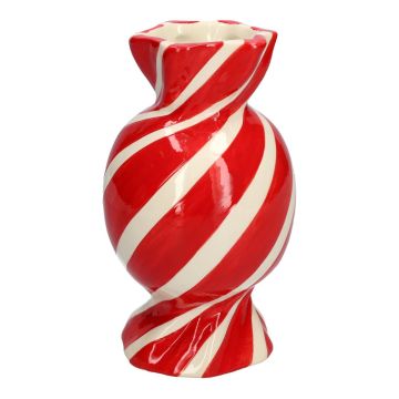 Bauchige Einzelblumenvase Bonbon AMIEL aus Keramik, mit schrägen Linien, rot-weiß, 20cm, Ø11,5cm 