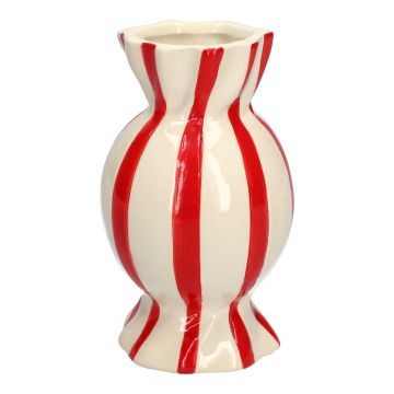 Bauchige Einzelblumenvase Bonbon AMIEL aus Keramik, mit Längsstreifen, rot-weiß, 20cm, Ø11,5cm 