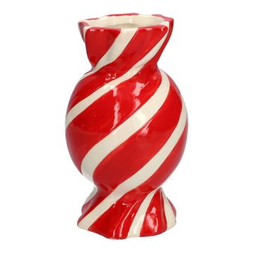 Bauchige Einzelblumenvase Bonbon AMIEL aus Keramik, mit schrägen Linien, rot-weiß, 24,7cm, Ø14cm