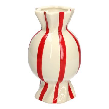 Bauchige Einzelblumenvase Bonbon AMIEL aus Keramik, mit Längsstreifen, rot-weiß, 24,7cm, Ø14cm