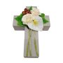 Kunstblumengesteck Rose, Anthurium, Hagebutte NINNA, Pflanzkreuz, weiß-rot, 30x18x11cm