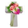 Kunstblumengesteck Rose, Anthurium, Hagebutte NINNA, Pflanzkreuz, rosa-pink-rot, 30x18x11cm