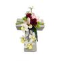 Unechtes Blumen Gesteck Magnolie, Orchidee, Rose OVANA, Pflanzkreuz, weiß-pink, 28x18x10cm