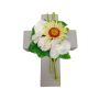 Kunstblumengesteck Gerbera, Orchidee, Allium ANSGAR, Pflanzkreuz, weiß-gelb, 20x15x9cm