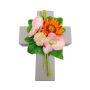 Kunstblumengesteck Gerbera, Orchidee, Allium ANSGAR, Pflanzkreuz, rosa-orange, 20x15x9cm