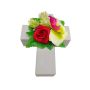 Deko Gesteck Rose, Orchidee, Hopfen ARIADNA, Pflanzkreuz, rot-grün-pink, 20x15x9cm