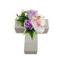 Plastik Blumen Gesteck Phalaenopsis Orchidee, Rose ARLOMA, Pflanzkreuz, weiß-lila, 20x15x11cm