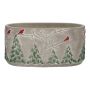 Ovale Blumenschale MILKE aus Beton, winterliches Vogelmotiv, grau-rot-grün, 20,5x11,8x10cm