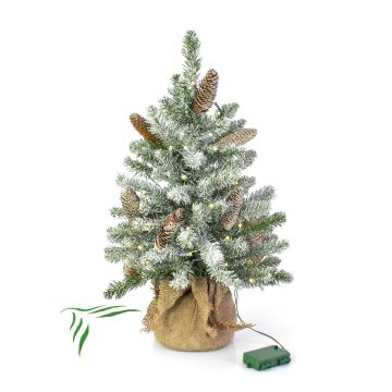 Künstliche Tanne WIEN, Jutesack, Zapfen, LEDs, beschneit, 60cm, Ø40cm
