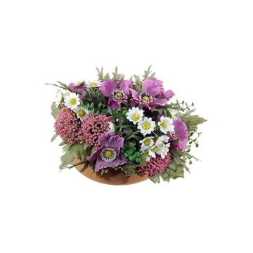 Kunst Blumengesteck Anemone, Astilbe IGNATIO auf Platte, violett-weiß, 17cm, Ø28cm