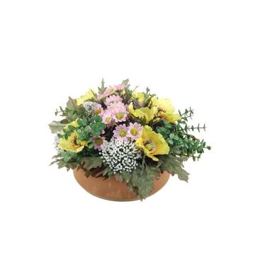 Kunst Blumengesteck Anemone, Astilbe IGNATIO auf Platte, gelb-rosa, 17cm, Ø28cm