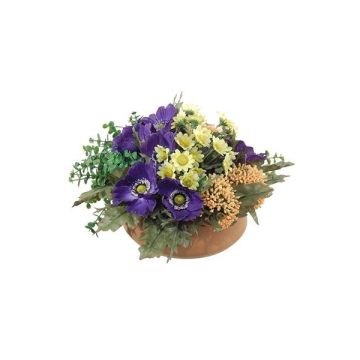 Kunst Blumengesteck Anemone, Astilbe IGNATIO auf Platte, lila-gelb, 17cm, Ø28cm