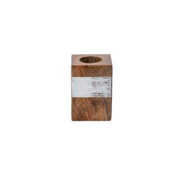 Rechteckiger Holzleuchter KARLINA für Stabkerzen bis ca. Ø2,5cm, natur-weiß, 4x4x6cm