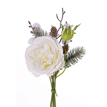 Künstlicher Rosenstrauß FANNI, Zapfen, Schnee, weiß, 30cm, Ø15cm
