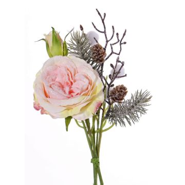 Künstlicher Rosenstrauß FANNI, Zapfen, Schnee, rosa, 30cm, Ø15cm