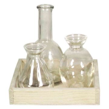 Deko Glasflaschen KAYRA auf Holztablett, 3 Stück, klar, 17x17x16cm