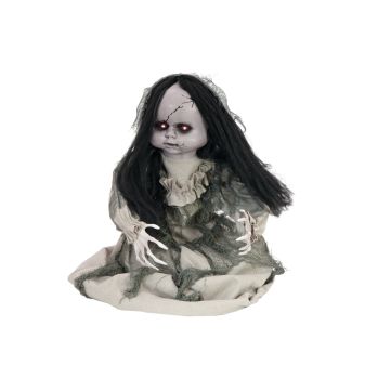 Halloween Dekofigur Horror Puppe BARLETTA mit Bewegungsfunktion, Geistergeräusche, LEDs, 45cm