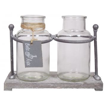 Glasflaschen LORRIE mit Holzständer, 2 Gläser, klar, 19,5x10x14,5cm