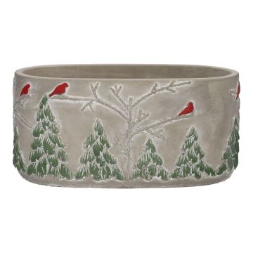 Ovale Blumenschale MILKE aus Beton, winterliches Vogelmotiv, grau-rot-grün, 20,5x11,8x10cm