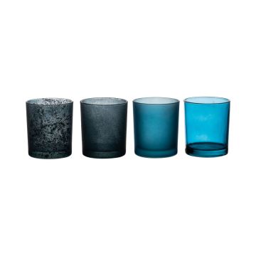 Teelicht Halter LYLA aus Glas, 4 Stück, türkis-blau, 9cm, Ø8cm