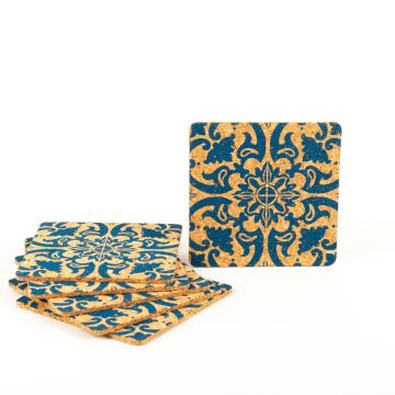 Quadratischer Kork Glasuntersetzer ROHESIA, 6 Stück, Orientalisches Muster, natur-blau, 9x9cm, Stärke 0,3cm