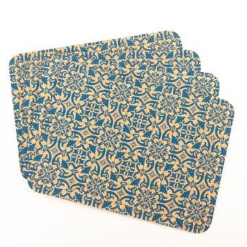 Rechteckiges Kork Tischset ROHESIA, Orientalisches Muster, 4 Stück, natur-blau, 40x30x0,3cm