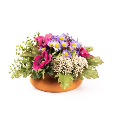 Kunst Blumengesteck Anemone, Astilbe IGNATIO auf Platte, pink-lila, 17cm, Ø28cm